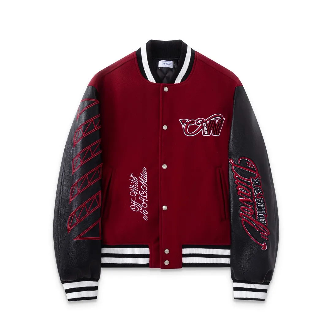 S69#P660, AC Milan offwhite25ss heavily embroidered leather baseball jersey, woolen fabric couple's jacket, black size: S M L XL